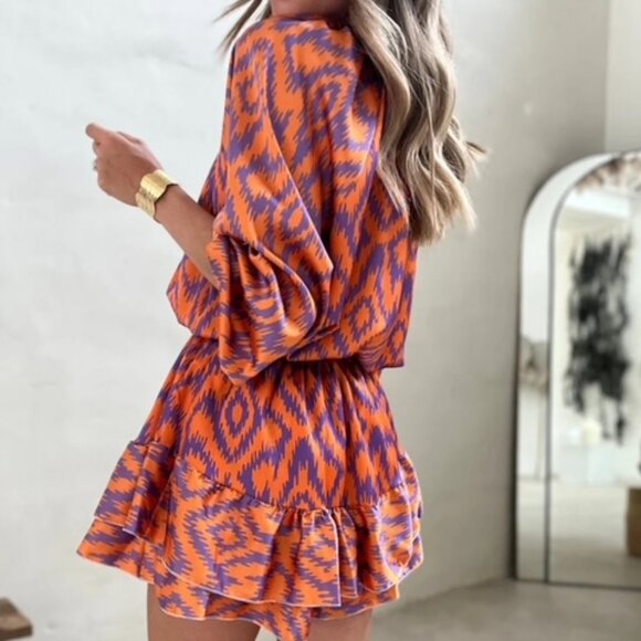 NWT Orange and Purple Print Eleanor Ruffle Mini Dress, S - Picture 2 of 8